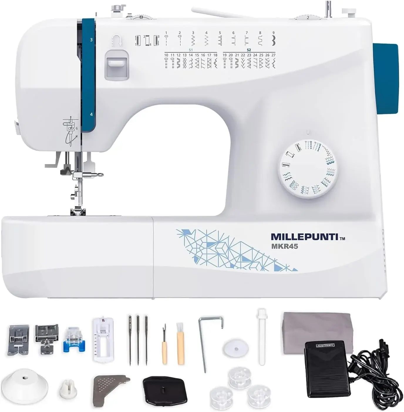 MILLEPUNTI MKR45 25 Built-in Stitches Beginner Sewing Machine, 4 Included Feet & Accessory Kit, Automatic Needle Threader, for All Skill Levels, Sewing Machine for Beginners Adult, Quilting