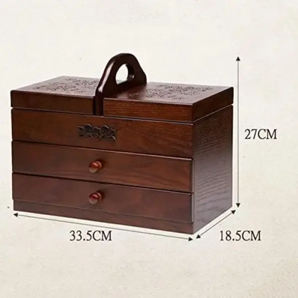 Wood 3 Tiers Sewing Storage Case, with 2 Drawers, 2 Compartment, Easy Carrying, DIY Sewing Tools for Home and Embroidery (Empty Box)