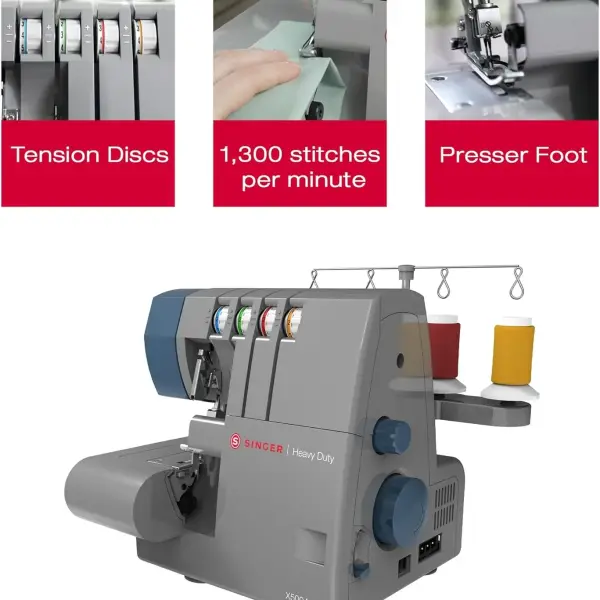 SINGER® X5004-HD Metal Frame Serger & Overlock Machine | 2-3-4 Stitch Capability, 8 Built-In Stitches, 1300 Stitches per Minute, Adjustable Differential Feed & 2 LED Lights (Grey/Blue)