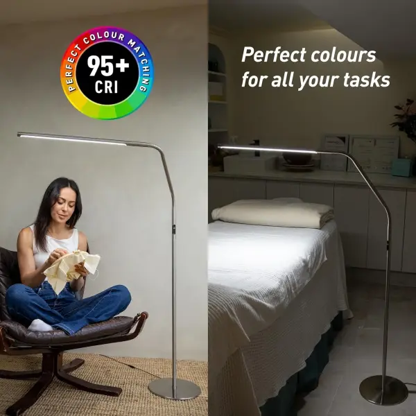 Daylight Slimline 4™ LED Floor Lamp in Brushed Steel - 6,000K, 3,200 Lux, 4 Brightness Levels, USB-C Charging Port, Anti-Glare Diffuser, Flexible Design, Art & Craft, Sewing, Nail Salon