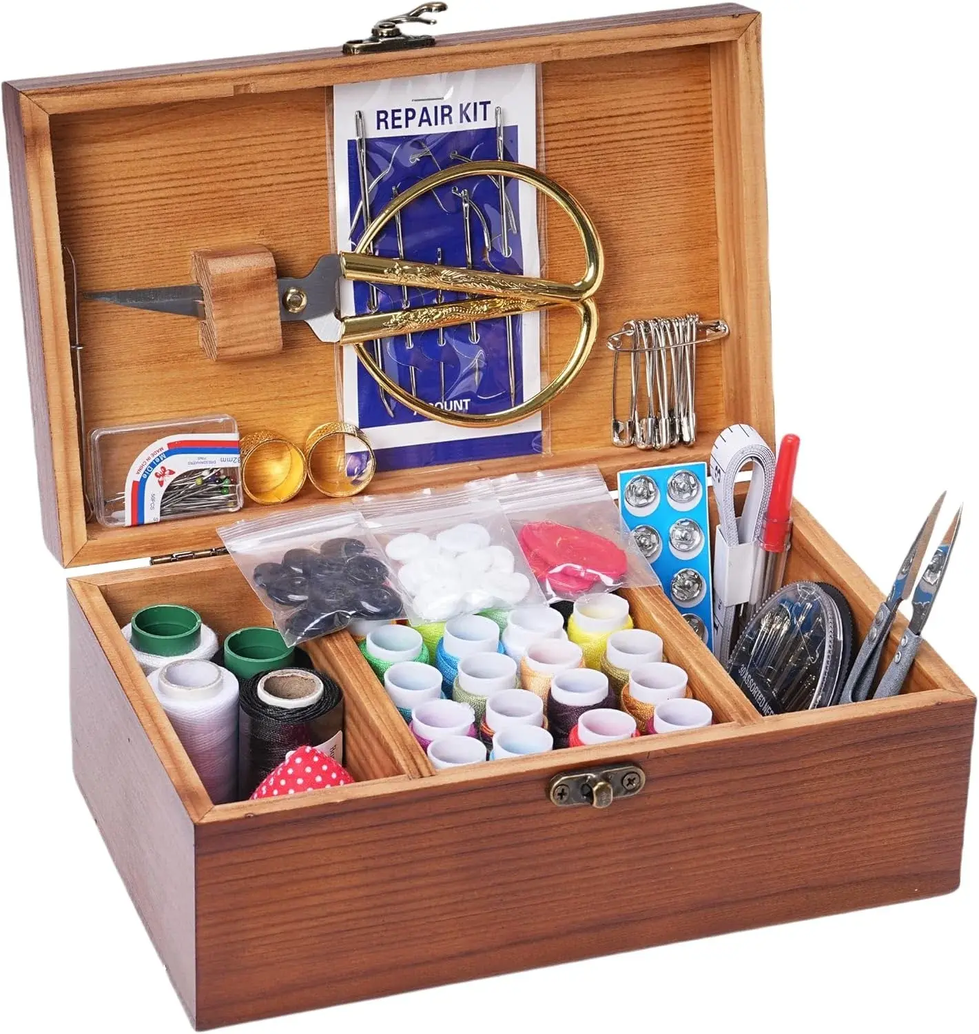 Wooden Sewing Kit Box, Wooden Sewing Box with Sew Kit Accessories, Sewing Repair Kit Sewing Basket, Basic Sewing Kit for Adults, Beginner Universal Home Sewing Repair Tool Kit - Vintage Sewing Set