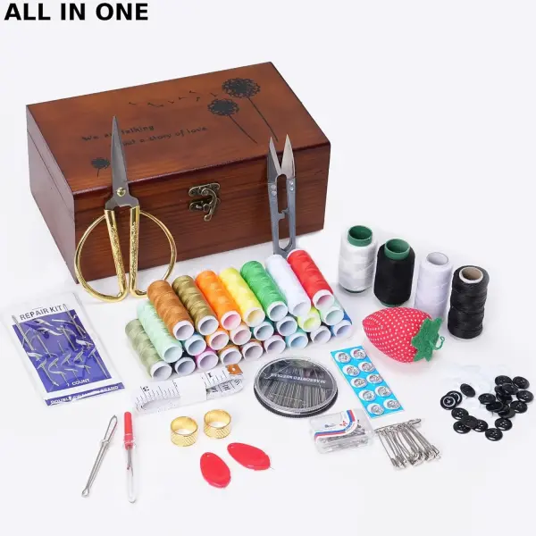 Wooden Sewing Kit Box, Wooden Sewing Box with Sew Kit Accessories, Sewing Repair Kit Sewing Basket, Basic Sewing Kit for Adults, Beginner Universal Home Sewing Repair Tool Kit - Vintage Sewing Set
