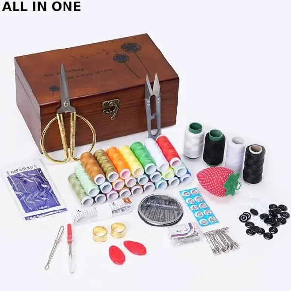 Wooden Sewing Kit Box, Wooden Sewing Box with Sew Kit Accessories, Sewing Repair Kit Sewing Basket, Basic Sewing Kit for Adults, Beginner Universal Home Sewing Repair Tool Kit - Vintage Sewing Set