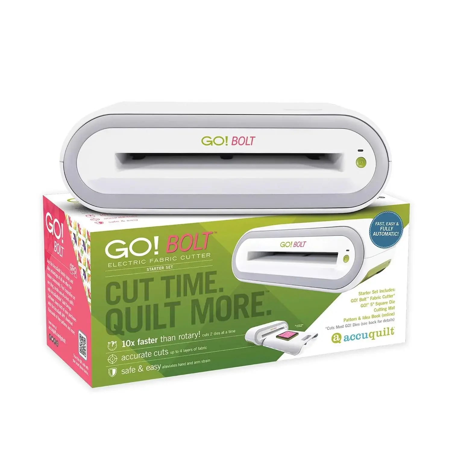 AccuQuilt GO! Bolt Electric Fabric Cutter Starter Set, Automatic Operation, Includes Square Die, Cutting Mat, and Quick Start Guide