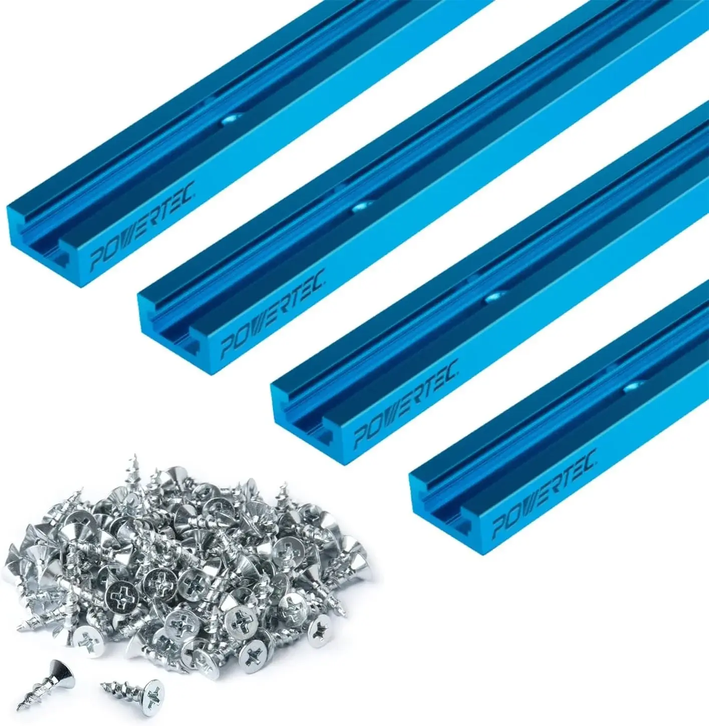 POWERTEC 48 Inch x4 Universal T track with 100 Pcs #6 X 1/2" Wood Screws, Double-Cut Profile T track with Predrilled Mounting Holes for Woodworking Jigs and Fixtures, Router Table, Workbench, 71953