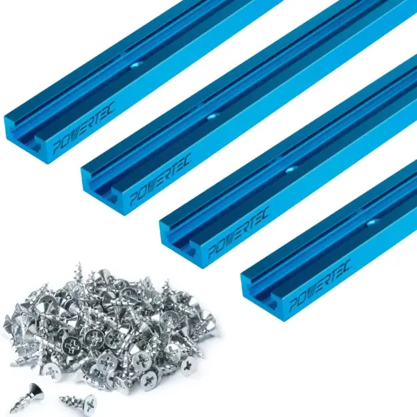 POWERTEC 48 Inch x4 Universal T track with 100 Pcs #6 X 1/2" Wood Screws, Double-Cut Profile T track with Predrilled Mounting Holes for Woodworking Jigs and Fixtures, Router Table, Workbench, 71953
