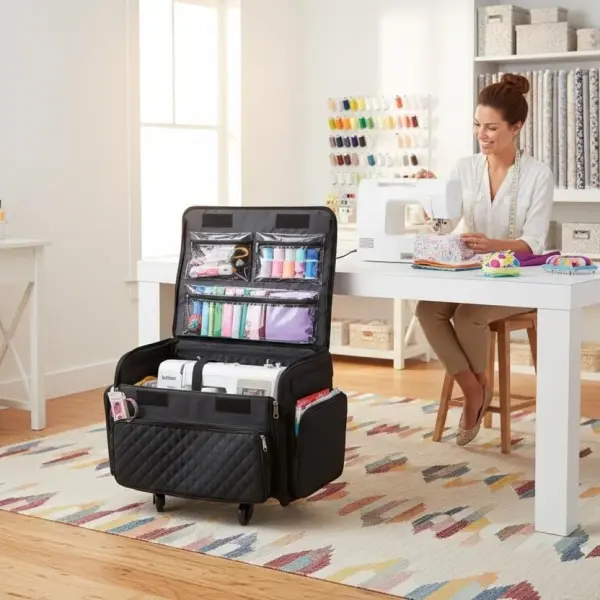 Everything Mary 4 Wheels Collapsible Deluxe Sewing Machine Storage Case - Rolling Trolley Carrying Bag for Brother, Singer
