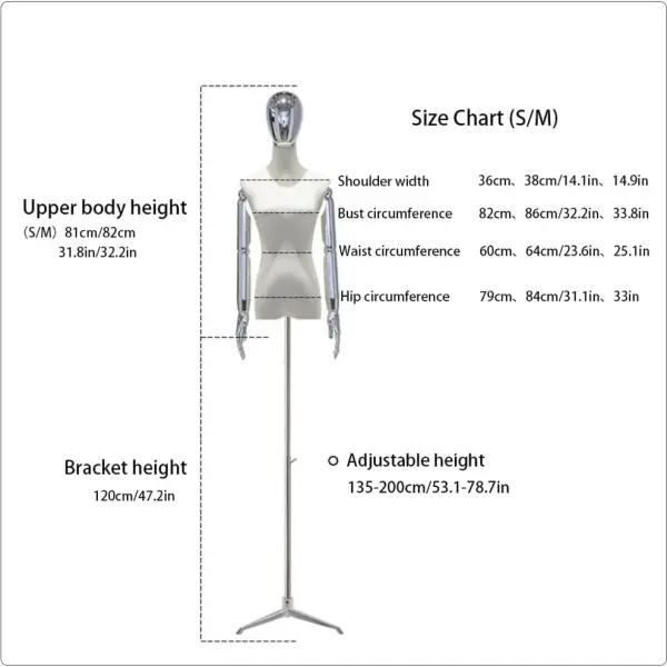 Adjustable Female Dress Form Mannequin with Tripod, Removable Arms & Head for Clothing & Jewelry Display, Sewing Tool - Plated Head, Size S for Tailoring & Fashion Design