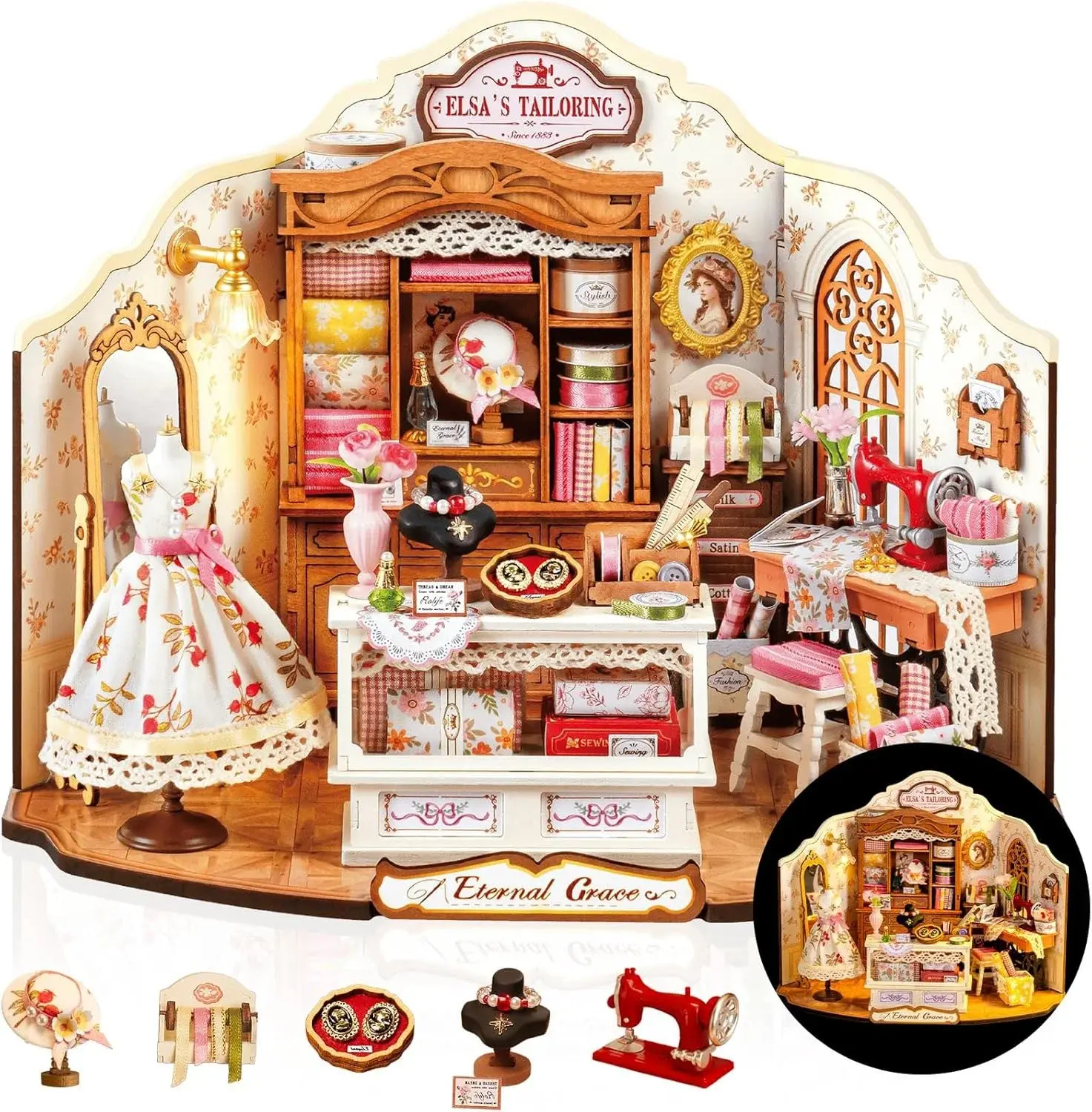 Rolife DIY Miniature House Kit Elsa's Tailoring, Mini Dollhouse Kit for Adults, Mini Room Building Kit for Teens, DIY Craft Kits for Parents Friends Girls Boys (Elsa's Tailor Shop)