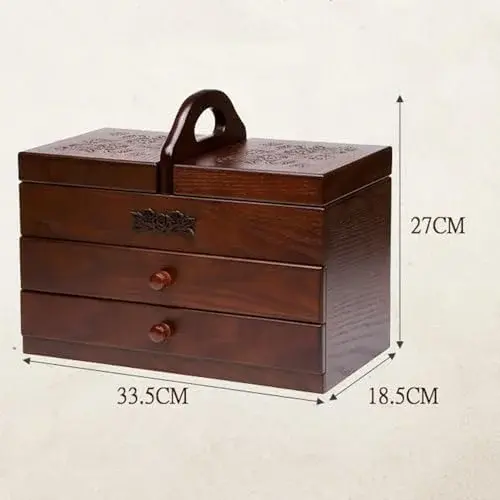 Large Wood Sewing Box with 2 Drawers - Sewing Baskets Organizer for Embroidery - Easy Carrying Sewing Tools Storage Compartment - Empty Box for Home