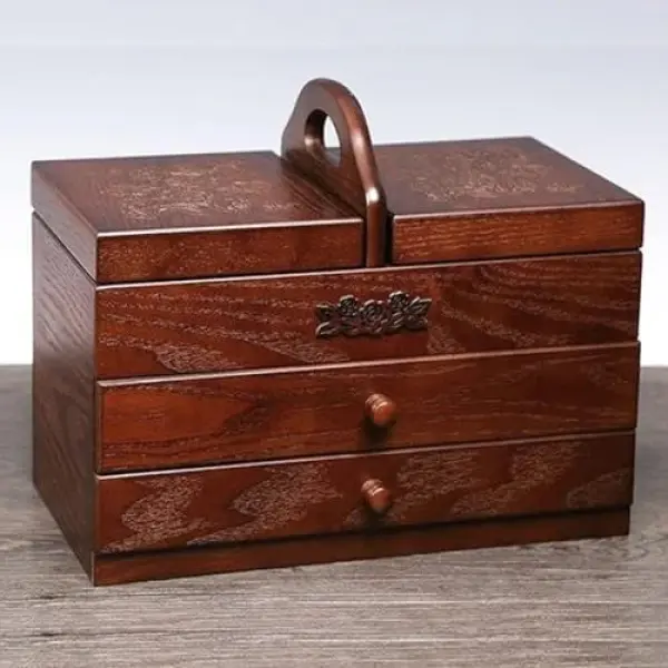 Large Wood Sewing Box with 2 Drawers - Sewing Baskets Organizer for Embroidery - Easy Carrying Sewing Tools Storage Compartment - Empty Box for Home