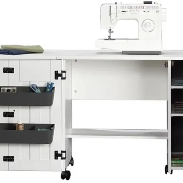 Sauder Folding SewingTable & Craft Cart Storage Cabinet, in Soft White