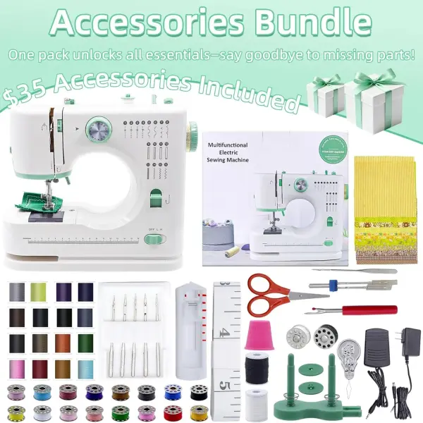 Sewing Machine with Double Needle, Mini Sewing Machine with 16 Built-in Stitches, Includes Multiple Accessories, Perfect for Everyday Home Sewing and DIY Projects