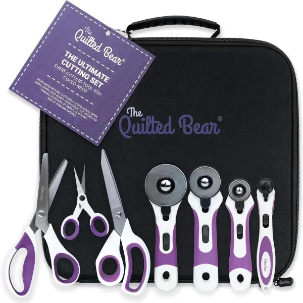The Quilted Bear Ultimate Cutting Set – 4 Rotary Cutters (18mm–60mm), Fabric Scissors, Pinking Shears & Micro-Tip Scissors in Storage Case – Precise, Versatile Quilting & Sewing Supplies
