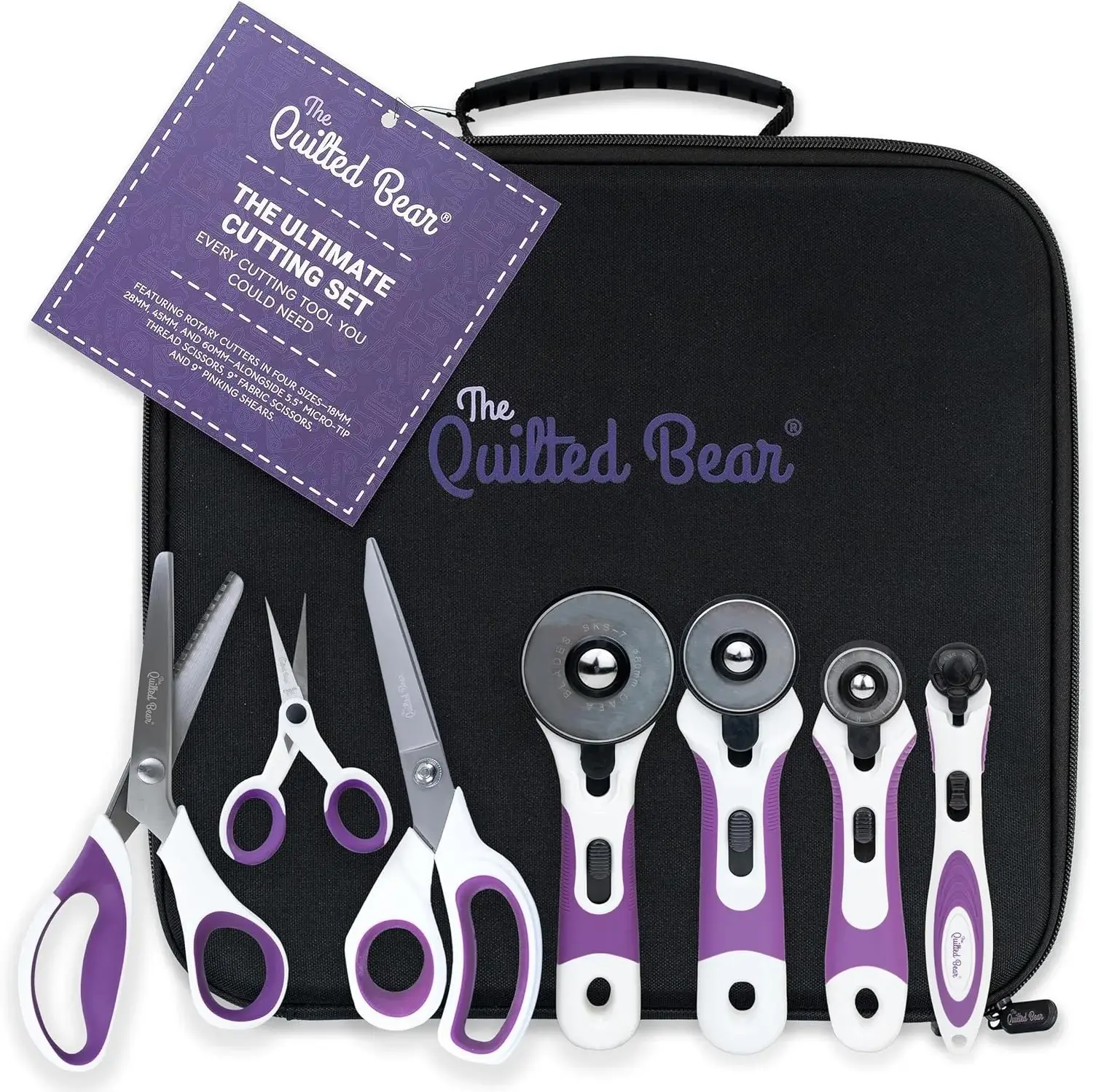 The Quilted Bear Ultimate Cutting Set – 4 Rotary Cutters (18mm–60mm), Fabric Scissors, Pinking Shears & Micro-Tip Scissors in Storage Case – Precise, Versatile Quilting & Sewing Supplies