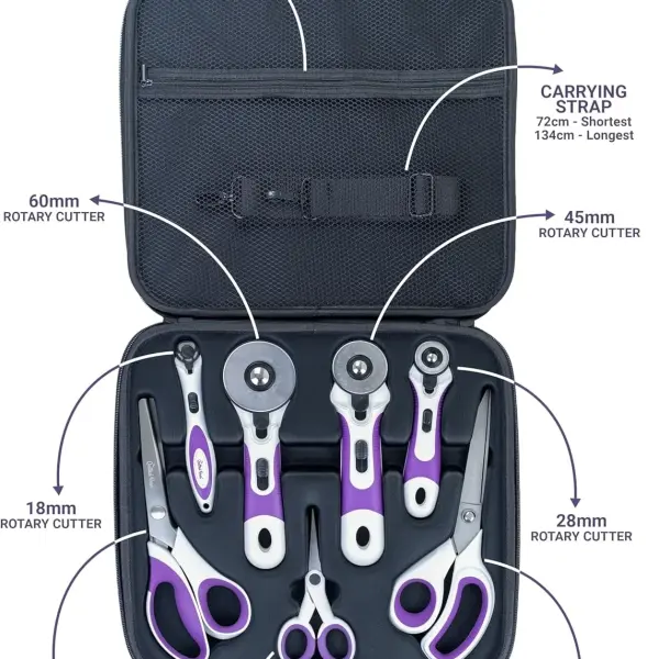 The Quilted Bear Ultimate Cutting Set – 4 Rotary Cutters (18mm–60mm), Fabric Scissors, Pinking Shears & Micro-Tip Scissors in Storage Case – Precise, Versatile Quilting & Sewing Supplies
