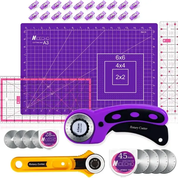 Rotary Cutter Set,Nicecho Sewing Quilting Supplies,45mm & 28 mm Fabric Cutters,8 Rotary Cutter Blades,A3 Cutting Mat for Sewing,6x12 & 2.5x12 In Quilting Rulers,Ideal Quilt kits for Lovers & Beginners