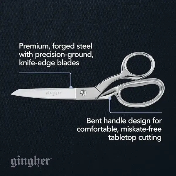 Gingher 8" Dressmaker's Fabric Scissors, Stainless Steel Shears, Sharp Knife Edge Steel Sewing Shears with Protective Sheath for Fabric Cutting and Tailoring, Chrome Plated Nickel Finish