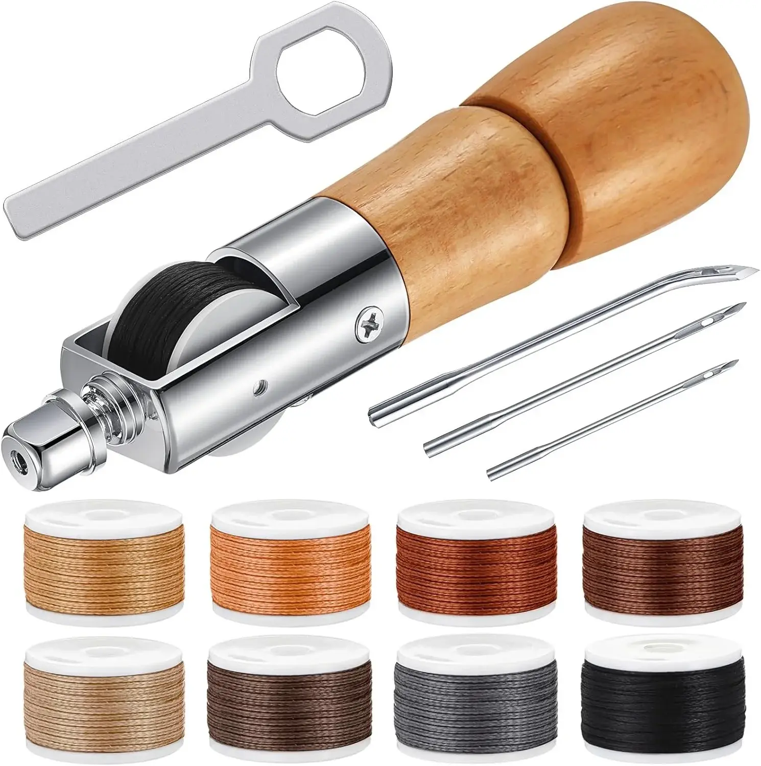 WILLBOND 12 Pieces Leather Sewing Awl Hand Stitcher with Craft Accessories Set, Hand Awl Tool, 3 Sizes Needles and Replacement Spools of Thread, Stitching Tool Kit(Elegant Color)