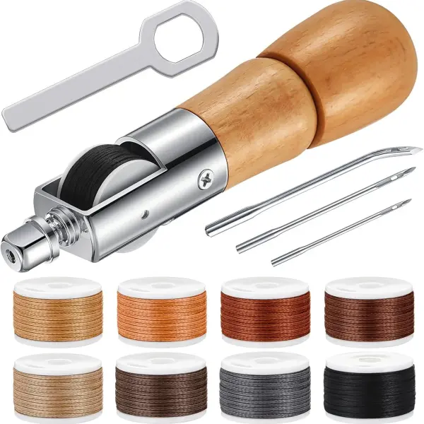 WILLBOND 12 Pieces Leather Sewing Awl Hand Stitcher with Craft Accessories Set, Hand Awl Tool, 3 Sizes Needles and Replacement Spools of Thread, Stitching Tool Kit(Elegant Color)