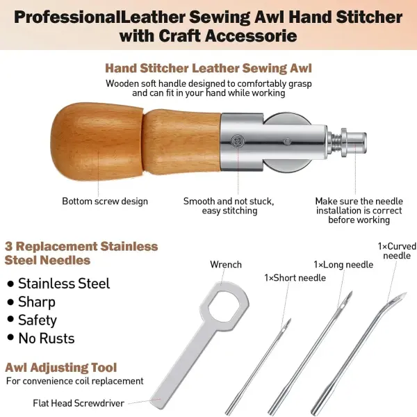 WILLBOND 12 Pieces Leather Sewing Awl Hand Stitcher with Craft Accessories Set, Hand Awl Tool, 3 Sizes Needles and Replacement Spools of Thread, Stitching Tool Kit(Elegant Color)