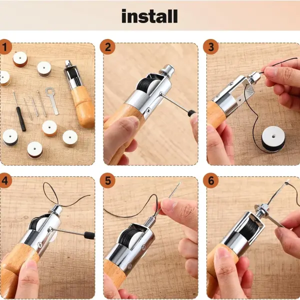 WILLBOND 12 Pieces Leather Sewing Awl Hand Stitcher with Craft Accessories Set, Hand Awl Tool, 3 Sizes Needles and Replacement Spools of Thread, Stitching Tool Kit(Elegant Color)