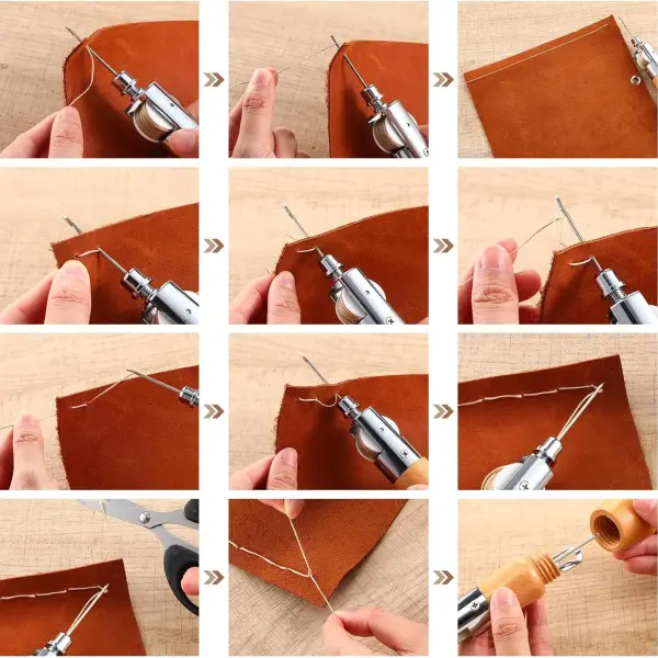 WILLBOND 12 Pieces Leather Sewing Awl Hand Stitcher with Craft Accessories Set, Hand Awl Tool, 3 Sizes Needles and Replacement Spools of Thread, Stitching Tool Kit(Elegant Color)