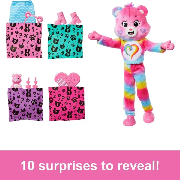 Barbie Cutie Reveal Care Bears Doll & Accessories, Series 2 Togetherness Bear with 10 Surprises Including Color Change & Mini Bear
