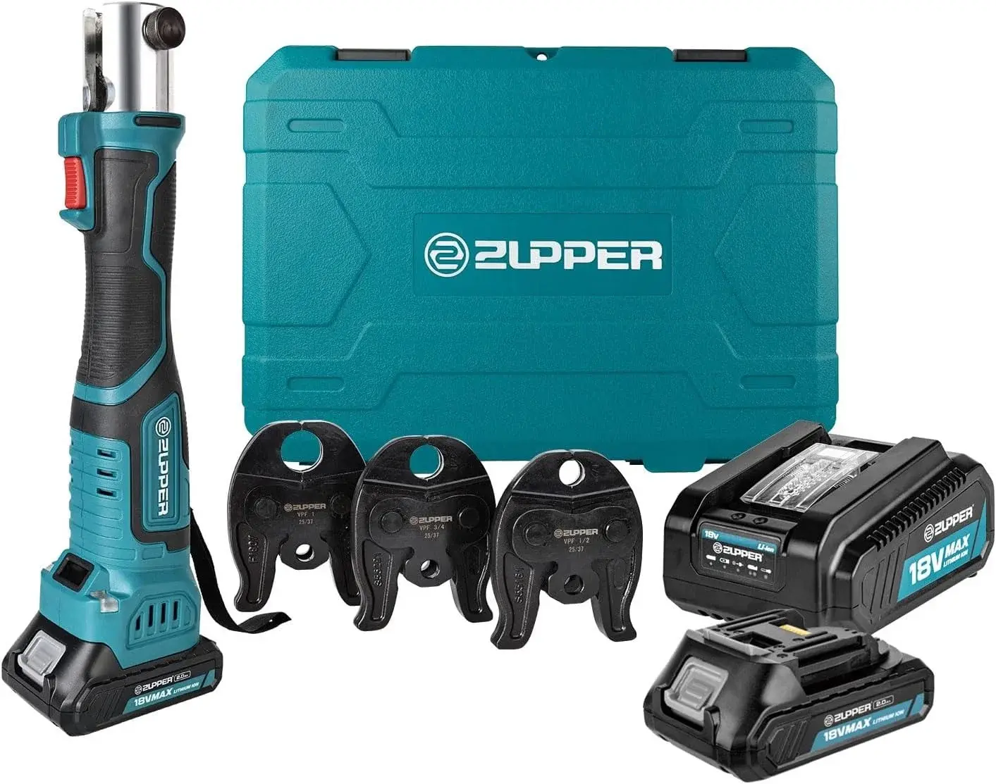 ZUPPER Press Tool, 18V Electric Pipe Crimping Tool for 1/2", 3/4", 1" PEX Pipe Stainless Steel Sleeves, Mini PEX Press Tool Kit Suitable for PureFlow press fitting - with Brushless Motor, 2pcs Battery