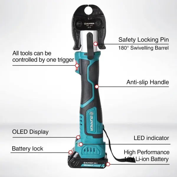 ZUPPER Press Tool, 18V Electric Pipe Crimping Tool for 1/2", 3/4", 1" PEX Pipe Stainless Steel Sleeves, Mini PEX Press Tool Kit Suitable for PureFlow press fitting - with Brushless Motor, 2pcs Battery