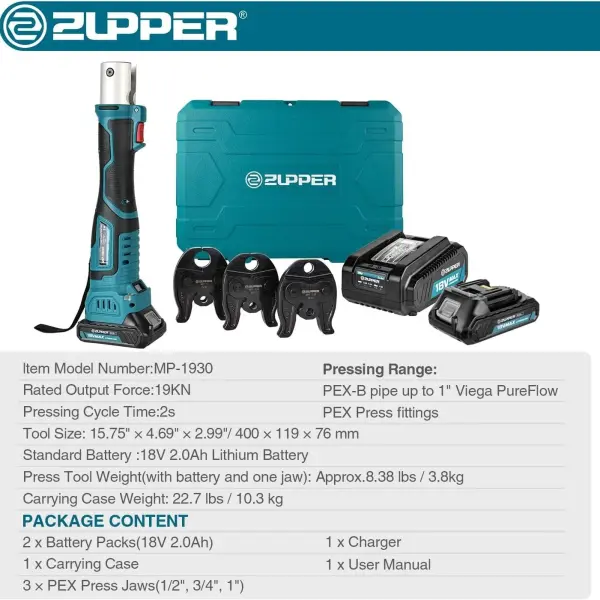 ZUPPER Press Tool, 18V Electric Pipe Crimping Tool for 1/2", 3/4", 1" PEX Pipe Stainless Steel Sleeves, Mini PEX Press Tool Kit Suitable for PureFlow press fitting - with Brushless Motor, 2pcs Battery