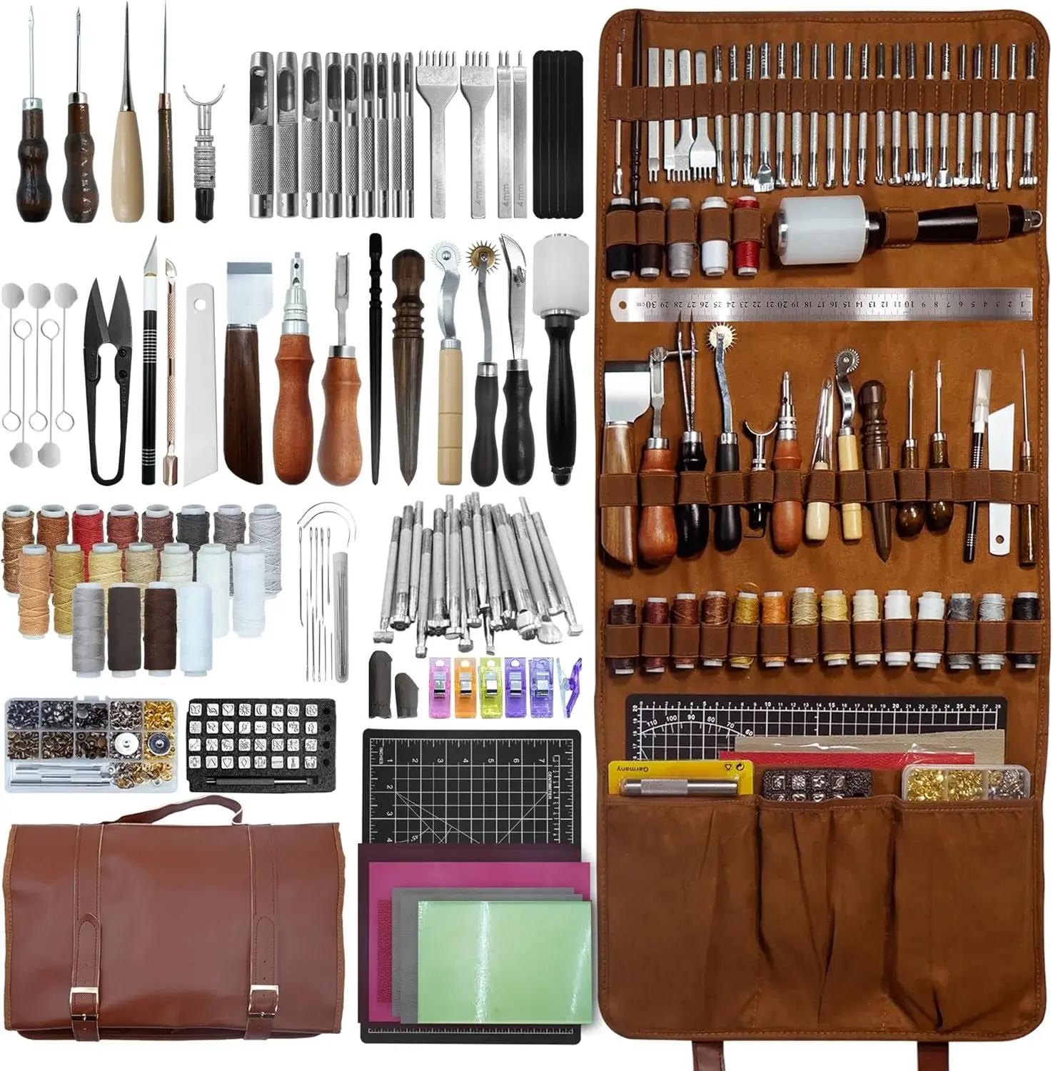 Runfider Leather Working Tool Set 588PCS Professional Leather Craft Tools Kit for Beginners with Carving Cutting Punching Sewing & Stamping Tools Leatherworking Kit for Handicraft DIY