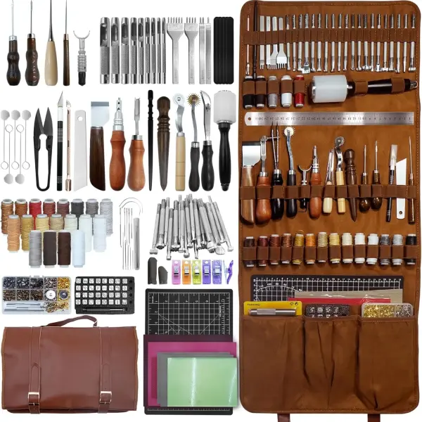 Runfider Leather Working Tool Set 588PCS Professional Leather Craft Tools Kit for Beginners with Carving Cutting Punching Sewing & Stamping Tools Leatherworking Kit for Handicraft DIY
