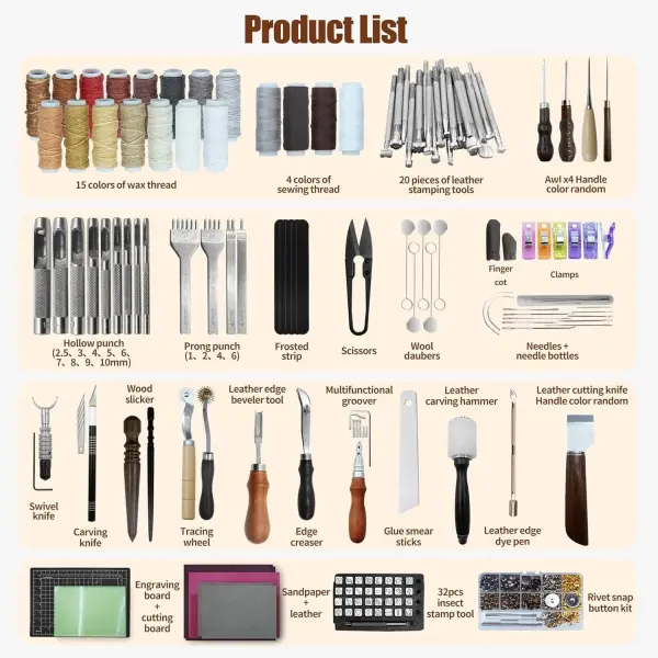 Runfider Leather Working Tool Set 588PCS Professional Leather Craft Tools Kit for Beginners with Carving Cutting Punching Sewing & Stamping Tools Leatherworking Kit for Handicraft DIY