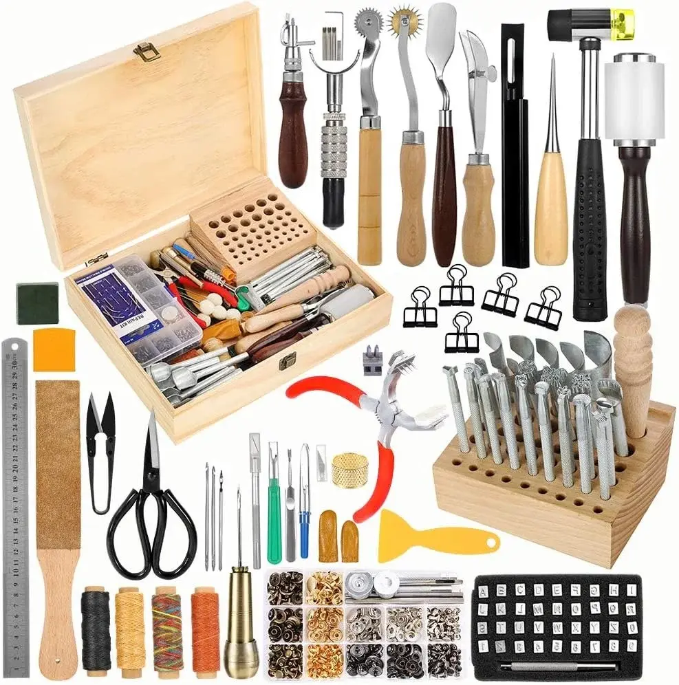 424 Pcs Leather Working Tools Leather Tools Leathers Tooling Kit Leathers Hole Punch Tool with Instructions, Sewing Kit, Wooden Storage Box, Stamping Set