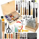 424 Pcs Leather Working Tools Leather Tools Leathers Tooling Kit Leathers Hole Punch Tool with Instructions, Sewing Kit, Wooden Storage Box, Stamping Set