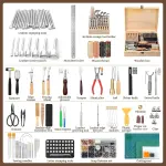 424 Pcs Leather Working Tools Leather Tools Leathers Tooling Kit Leathers Hole Punch Tool with Instructions, Sewing Kit, Wooden Storage Box, Stamping Set