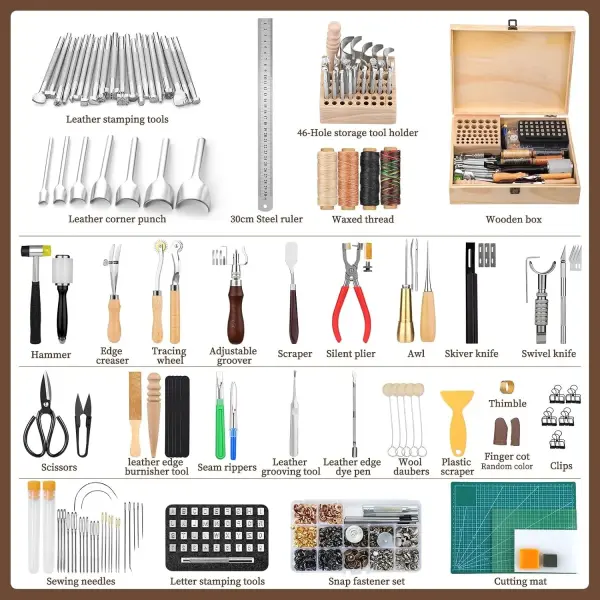 424 Pcs Leather Working Tools Leather Tools Leathers Tooling Kit Leathers Hole Punch Tool with Instructions, Sewing Kit, Wooden Storage Box, Stamping Set