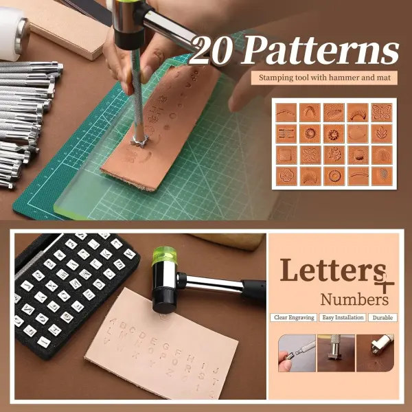 424 Pcs Leather Working Tools Leather Tools Leathers Tooling Kit Leathers Hole Punch Tool with Instructions, Sewing Kit, Wooden Storage Box, Stamping Set