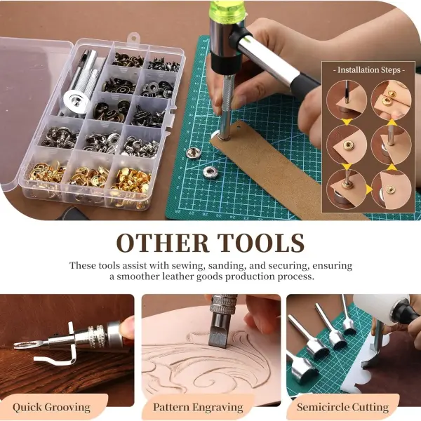 424 Pcs Leather Working Tools Leather Tools Leathers Tooling Kit Leathers Hole Punch Tool with Instructions, Sewing Kit, Wooden Storage Box, Stamping Set