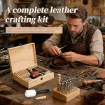 424 Pcs Leather Working Tools Leather Tools Leathers Tooling Kit Leathers Hole Punch Tool with Instructions, Sewing Kit, Wooden Storage Box, Stamping Set