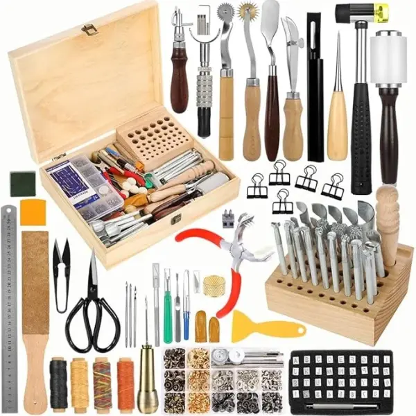 424 Pcs Leather Working Tools Leather Tools Leathers Tooling Kit Leathers Hole Punch Tool with Instructions, Sewing Kit, Wooden Storage Box, Stamping Set