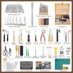 424 Pcs Leather Working Tools Leather Tools Leathers Tooling Kit Leathers Hole Punch Tool with Instructions, Sewing Kit, Wooden Storage Box, Stamping Set