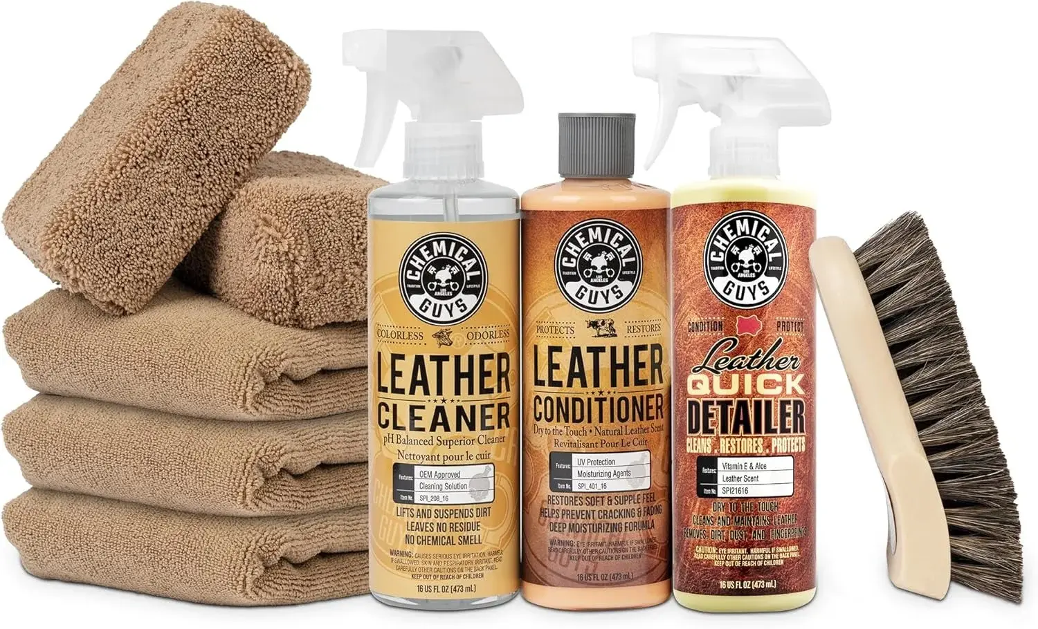 Chemical Guys Leather Cleaner and Conditioner Detailing Kit - Leather Care Kit For Natural, Synthetic, Faux, Pleather, and More for Car Interiors, Apparel, Furniture, Boots & Accessories - 9 Items