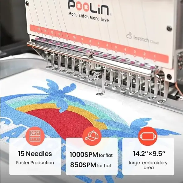 Poolin EOM 15-Needle Embroidery Machine + 20 Matte Threads – Premium Non-Shiny Finish for Hats, Apparel & Logo Embroidery, 14.2"x9.5"