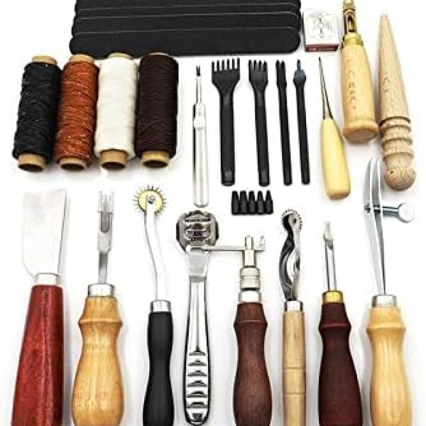 Leather Sewing Kit Professional DIY Leather Craft Tools Kit Hand Sewing Stitching Punch Carving Work Saddle Groover Set Accessories Tool Box(Color:G Set T2)