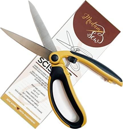 Madam Sew Spring Loaded Scissors | Premium 9.5" Fabric Shears with Precision Blades, Slide Lock, and Anti-Slip Grips | Ideal for Right or Left Hand Sewing | Heavy-Duty All-Purpose Craft Scissors