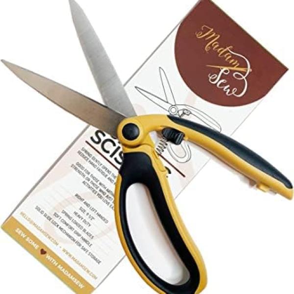 Madam Sew Spring Loaded Scissors | Premium 9.5" Fabric Shears with Precision Blades, Slide Lock, and Anti-Slip Grips | Ideal for Right or Left Hand Sewing | Heavy-Duty All-Purpose Craft Scissors