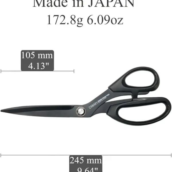 CANARY Japanese Sewing Scissors 9.5", Made in JAPAN, Professional All Purpose Scissors for Fabric, Cloth, Vinyl Sheet, Adhesive, Wallpaper, Non-Stick Coating Blade, Black