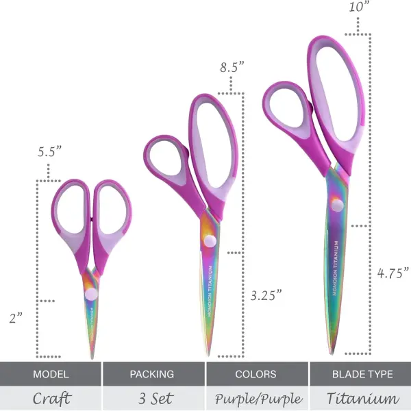 JubileeYarn Titanium Softgrip Scissors Set for Sewing, Arts, Crafts, Office - 10 Sets of 3 - Purple
